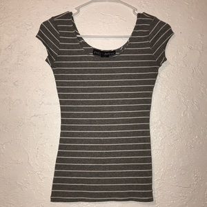 Gray and white striped top with scoop neck